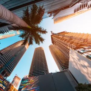 Downtown Miami looking upward at skyscrapers