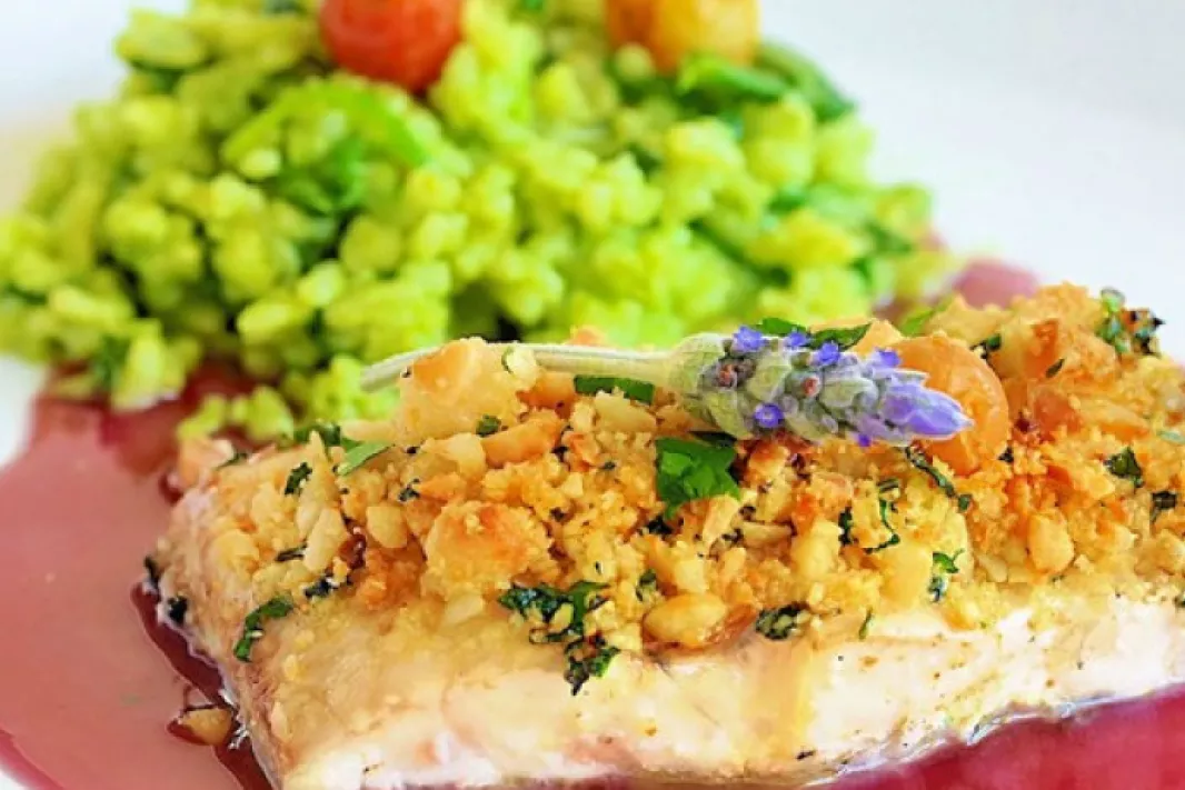 A Fish and guacamole dish on a plate